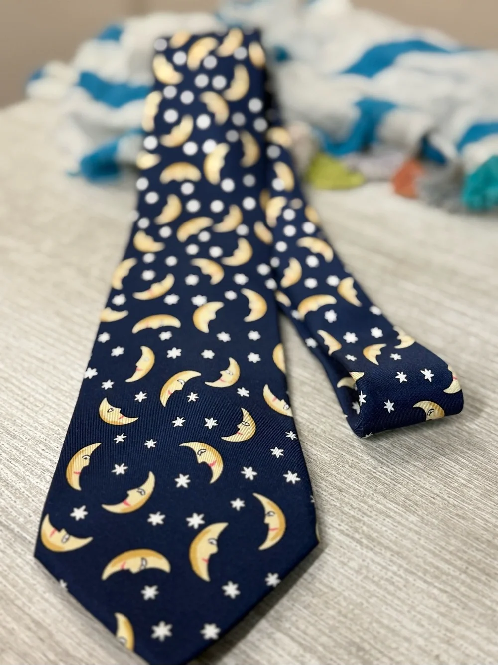 Vintage Hermes Silk Tie with Crescent Moon & Stars Pattern